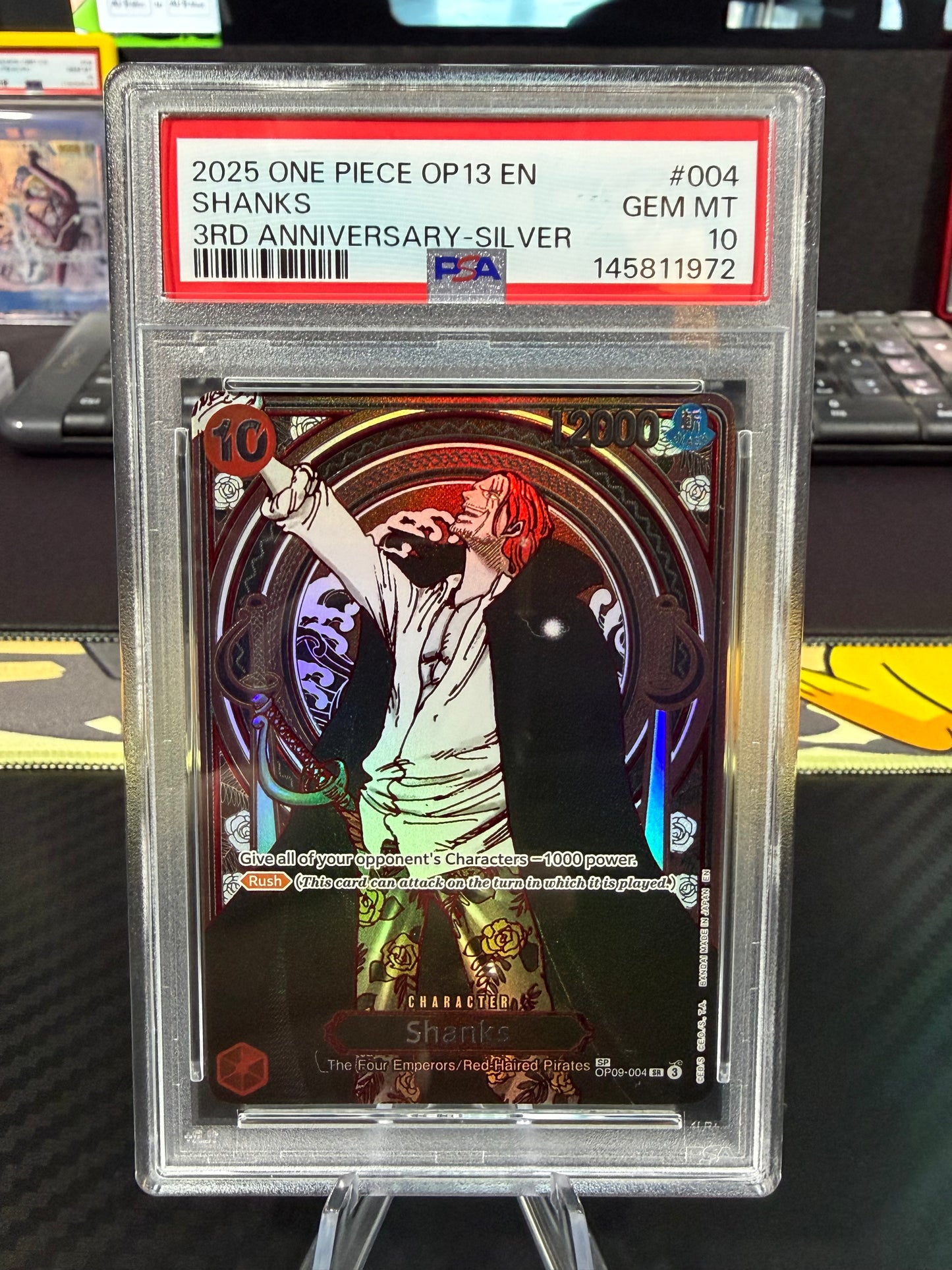 PSA 10 - Shanks - 3rd Anniversary Silver SP - OP09-004 - One Piece OP13 English